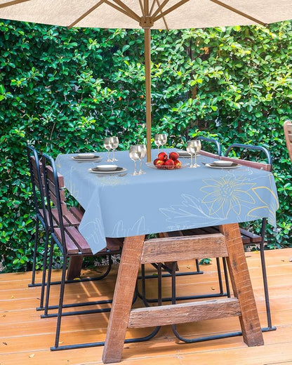 QueenKer Outdoor Tablecloth with Umbrella Hole, Minimalist Lines Leaves Flowers Blue Rectangle Tables Waterproof Tabletop Collection for Patio, Garden, Picnic, Camping, Dining 60 x 120 inch