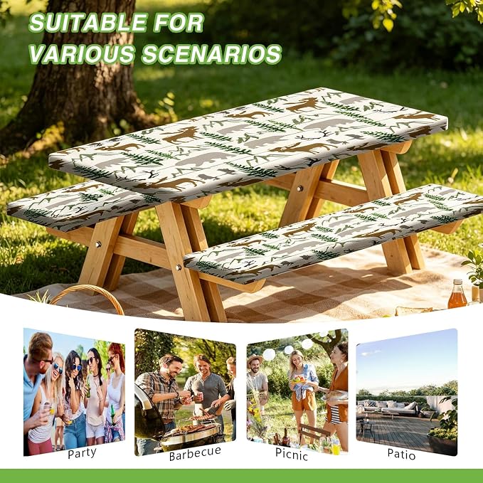 Picnic Table Cover with Bench Covers and Bag, Deer Moose Forest Wildlife Rv Essentials, Waterproof Windproof Fabric, Fitted Tablecloth Cover with Elastic Edge, 3 PCS, 30x72 Inch