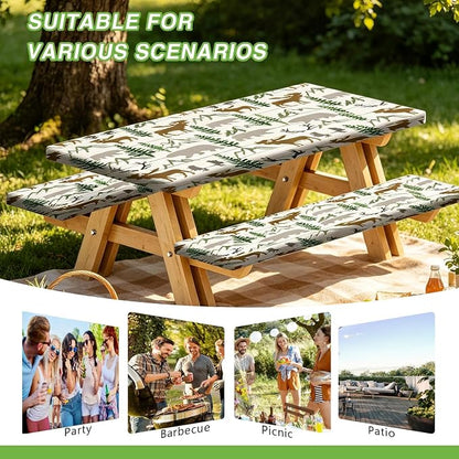 Picnic Table Cover with Bench Covers and Bag, Deer Moose Forest Wildlife Rv Essentials, Waterproof Windproof Fabric, Fitted Tablecloth Cover with Elastic Edge, 3 PCS, 30x72 Inch