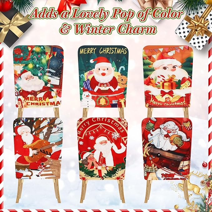 7 Pcs Christmas Tablecloth and Chair Covers Set Stretchable Washable Red Santa Holiday Table Cover and Seat Protector Slipcovers for Xmas Dining Room Kitchen Party (Rectangle,80 x 55 Inch)