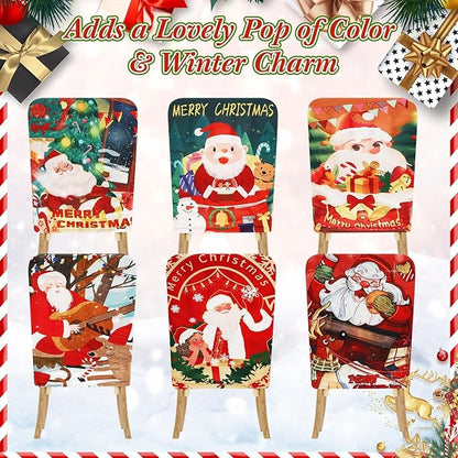7 Pcs Christmas Tablecloth and Chair Covers Set Stretchable Washable Red Santa Holiday Table Cover and Seat Protector Slipcovers for Xmas Dining Room Kitchen Party (Rectangle,80 x 55 Inch)