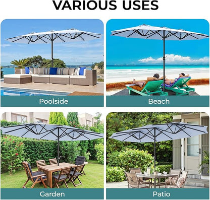 15ft Patio Umbrella with Base, 10-Year-No-Fade Large Outdoor Double-Sided Market Umbrella with UPF50+Terylene Polyester Fabric and Crank for Poolside Garden Deck Backyard Beach Pools