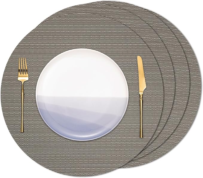 15 Inch Round Placemats Set of 4, Washable Vinyl Woven Place Mats | Heat Resistant Non-Slip Braided Table Mats for Dining Table Kitchen Indoor & Outdoor Use (Dark Gray, Set of 4)