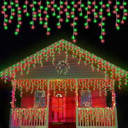 QITONG Red and Green Icicle Lights for Outside, 33ft 400 LED Icicle Christmas Lights Indoor with 8 Modes, Clear Wire Connectable String Lights Plug in