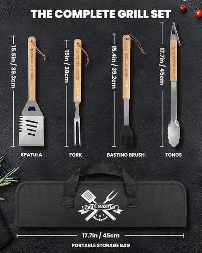 4PCS Grilling Accessories BBQ Tools - Stainless Steel Grill Set with Tongs, Fork, Spatula, Brush, Carrying Bag, Birthday for Men, Father, Husband