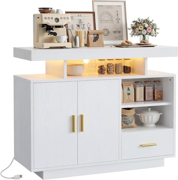 IRONCK Buffet Cabinet with Storage, Sideboard Cabinet with Outlet, White | Power Outlet with 3 AC Outlets and 2 USB Ports. Drawer, Door and Open Shelves. 60,000-color LED. Cable Management Hole.
