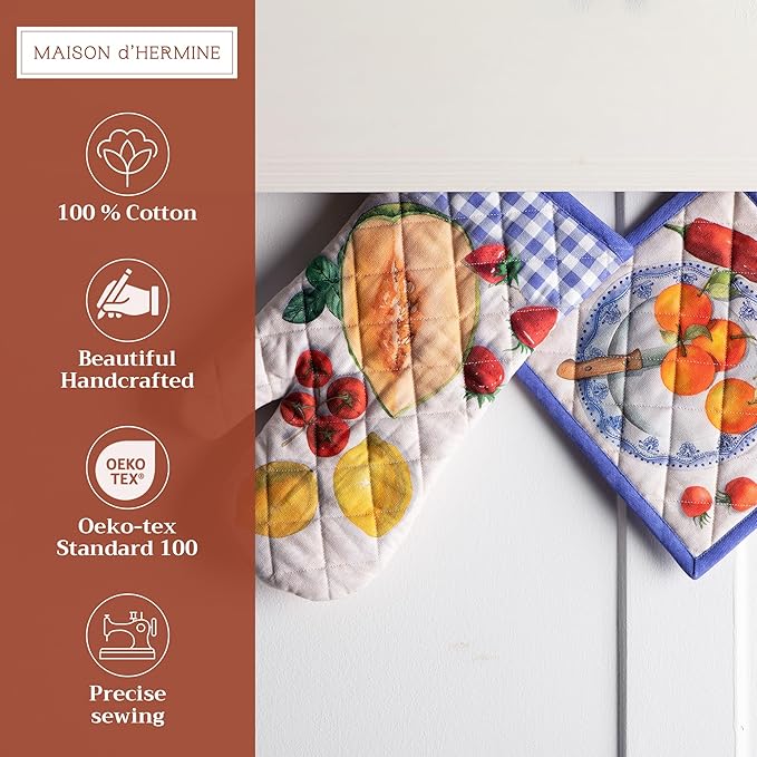 Maison d' Hermine 100% Cotton Oven Mitt & Pot Holder Set (7.5"x13" & 8"x8") Heat Resistant BBQ Cooking Gloves with Loop Baking Grilling Kitchen Hotel Home Farmhouse Spring Summer (Gourmand)