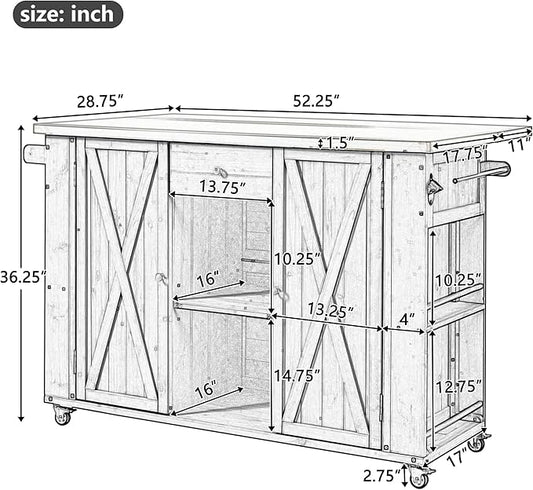 Outdoor Kitchen Island Fir Wood Kitchen Island with Stainless Steel Top,Ample Storage Space, Towel and Spice Racks and a Bottle Opener for Outdoor (Black@53)