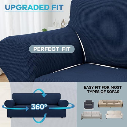 LURKA Stretch Couch Cover for Sofa, 1 Piece 3 Cushion Slipcover, Navy | Soft Stretch Jacquard, Fits 78"-94" Sofas, Elastic Bottom for Secure Fit, Machine Washable, Pet & Kid Friendly