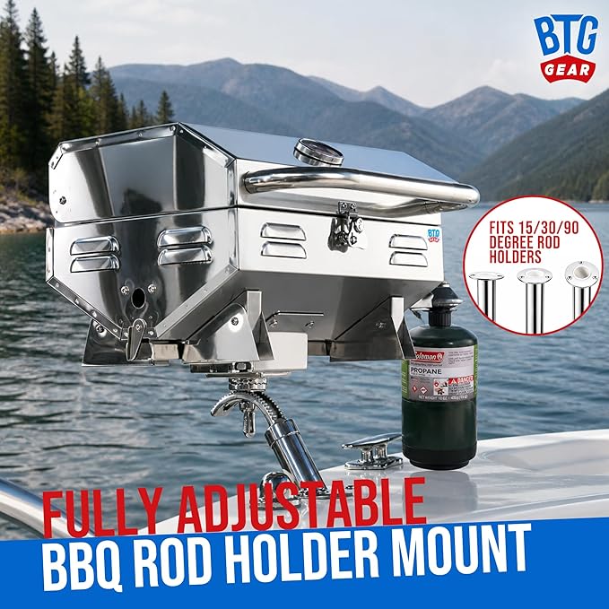 Tailwaves Marine Boat Grill w/Rod Holder Mount | Stainless Steel | Propane Boats & Tailgating & Camping | Built in Thermometer | Portable | Fold-away legs