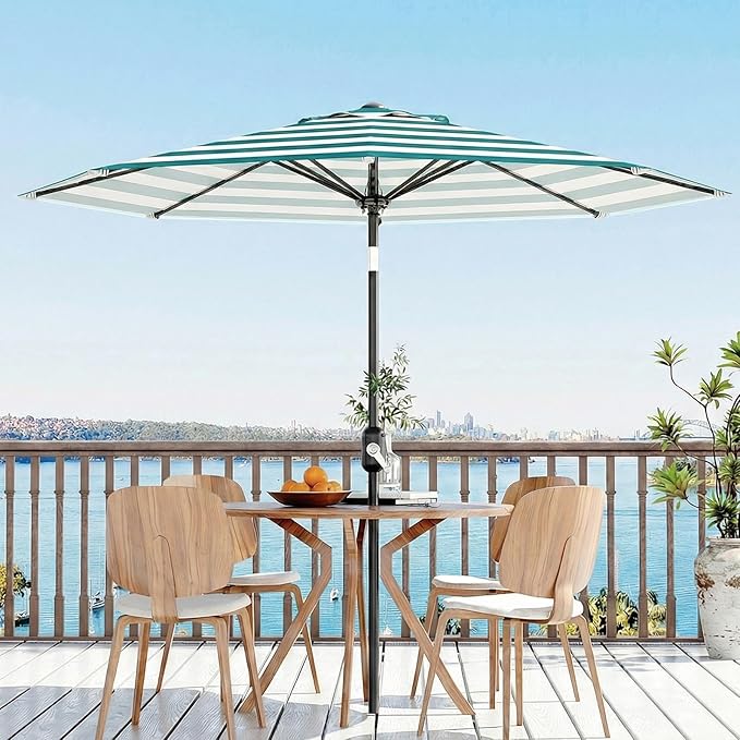 GarveeLife 9FT Patio Umbrella Outdoor, Table Umbrella with Push Button Tilt and Crank, 8 Sturdy Ribs UV Protection Waterproof for Garden, Pool, Market, Deck (Turquoise Blue & White Stripe)