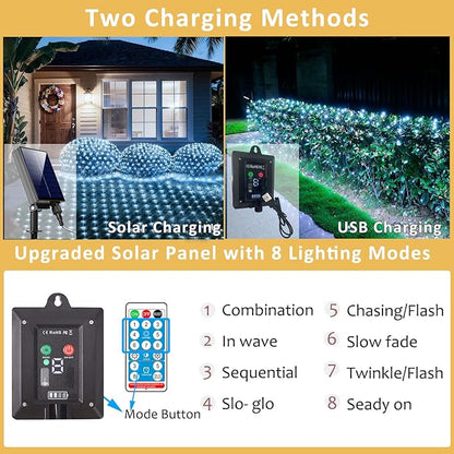 Lovelite 11.5ft x 5ft Solar Net Lights Outdoor, 240LED Christmas Mesh Lights Solar & USB Powered, Waterproof String Lights 8 Modes Green Wire for Bushes Patio Garden Holiday Party Decor (Cool White)