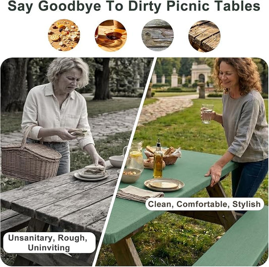 Picnic Table Cover with Bench Covers Windproof Waterproof Picnic Table Covers Camping Tablecloth with Self-Storage Bag, 72in, Sage
