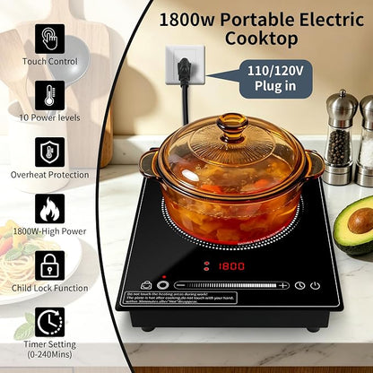 Single Burner Electric Cooktop,110V 1800W portable cooktop,Electric Stove Top with LED Knob Control,10 Power Levels, 2HTimer, Safety Lock, portable cooktop Overheat protection
