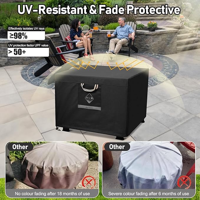 QH.HOME Fire Pit Cover Square Super Waterproof, 44" L x 44" W x 24" H Outdoor Firepit Table Cover 600D Strong Tear Resistant, UPF 50+ Fire Pit Cover Fading Resistant for Square Fire Pit - Black