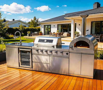 112" Modular Outdoor Kitchen,108,000 BTU Stainless Steel Natural Gas BBQ Grill with Built-In Pizza Oven,Side Burner,Rotisserie,Refrigerator,Granite Countertop,Storage Drawers & Cabinets.
