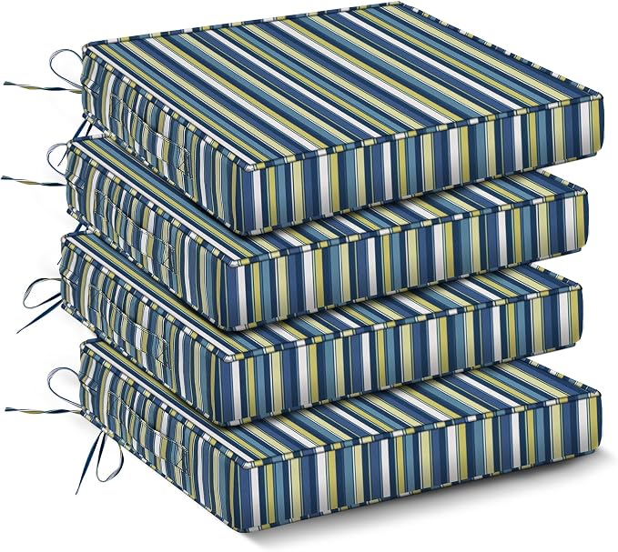 IPYNBAP Outdoor Chair Cushions Set of 4 -Waterproof Outdoor Seat Cushions for Patio Furniture, Patio Chair Cushion with Handle and Ties, Out Door Chair Pads,18.5x16x3-Square, Blue Stripe