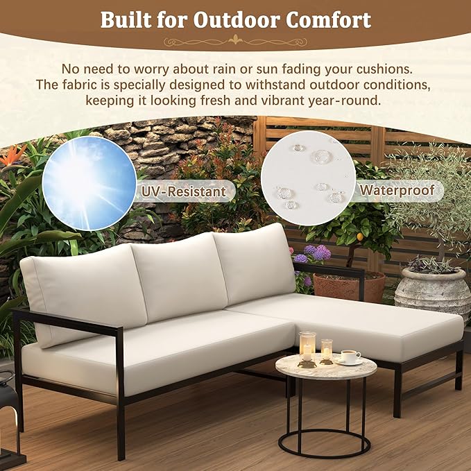 VilroCaz Outdoor L-Shaped Sectional Sofa with 5.9'' Ultra-Thick Cushions, All Weather Patio Conversation Set with Iron Frame for Balcony Garden (Beige-3.24)