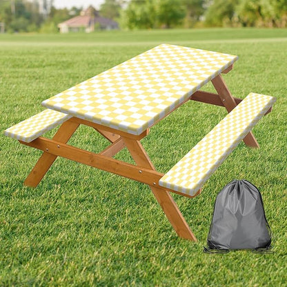 Picnic Table Cover with Bench Covers and Bag, Yellow White Checkered Gingham Buffalo Plaid Camping Tablecloth Waterproof Windproof Elastic Edges Fitted Tablecloths for Outdoor Garden 3PCS 30x60 Inch
