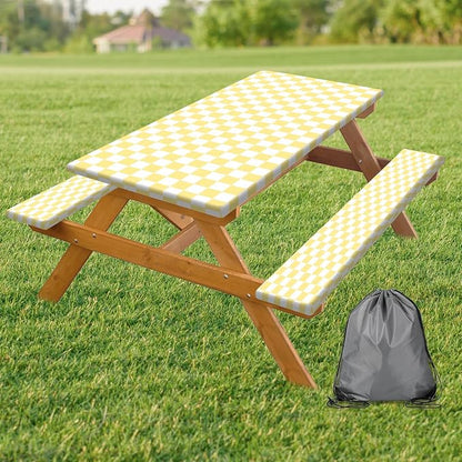 Picnic Table Cover with Bench Covers and Bag, Yellow White Checkered Gingham Buffalo Plaid Camping Tablecloth Waterproof Windproof Elastic Edges Fitted Tablecloths for Outdoor Garden 3PCS 30x96 Inch