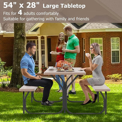 GYMAX Picnic Table, Picnic Bench Easy to Assemble w/All Weather Wood Grain Tabletop & Metal Frame, Picnic Tables for Outdoors Camping Backyard Deck Patio Poolside Dining Party