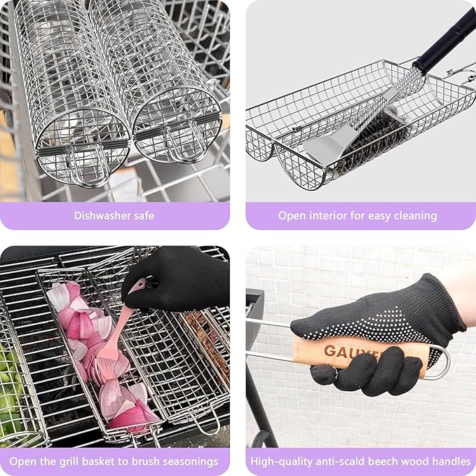 Rolling Grill Basket, Grill Baskets for Outdoor Grill, REMOVABLE HANDLE, Anti-Scorch Stainless Steel BBQ Net Tube for Meat, Shrimp, Vegetables, Grill Accessories, Gifts for Dad, Husband (Round)