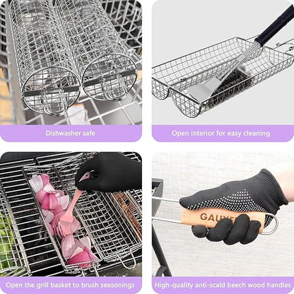Rolling Grill Basket, Grill Baskets for Outdoor Grill, REMOVABLE HANDLE, Anti-Scorch Stainless Steel BBQ Net Tube for Meat, Shrimp, Vegetables, Grill Accessories, Gifts for Dad, Husband (Round)