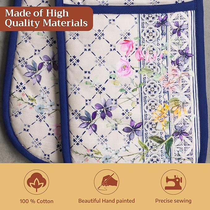 Maison d' Hermine Double Oven Mitts 100% Cotton 7"x35" Double Oven Mitt Heat Resistant BBQ Cooking Gloves with Loop Baking Grilling Kitchen Hotel Home Farmhouse Spring Summer (Faience)
