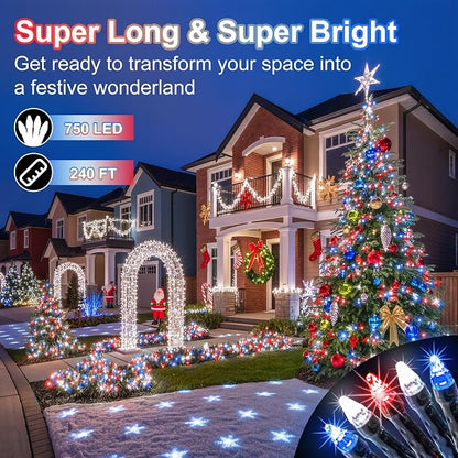 750 LED 240FT Christmas String Lights Outdoor, 12 Pro Modes with Timer | with Memory & Brightness, Plug-in Waterproof Dark Green Wire Twinkle Light for Xmas Yard Tree Wedding Decor Red White Blue