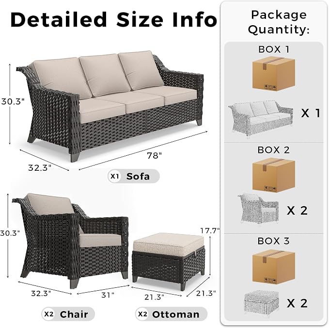 5 Piece Patio Furniture Set, Wicker Outdoor Conversation Set | Patio Chair Set with Olefin Removable Cushion, All-Weather Outdoor Couch with Deep Seat for Porch, Deck and Backyard, Beige