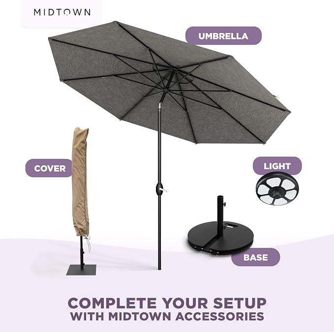 Midtown Umbrellas - 10-Year-No-Fade 9 Ft Patio Umbrella with Terylast Fabric, Auto-Tilt Aluminum Frame and 8 Reinforced Ribs for Deck, Pool, Garden & Beach - Geige Canopy, Black Pole