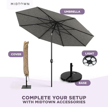Midtown Umbrellas - 10-Year-No-Fade 9 Ft Patio Umbrella with Terylast Fabric, Auto-Tilt Aluminum Frame and 8 Reinforced Ribs for Deck, Pool, Garden & Beach - Geige Canopy, Black Pole