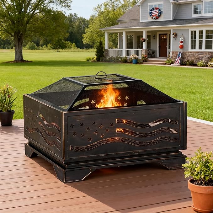 Verdeluxe 32Inch Square-Shaped Fire Pit,Outdoor Fire Pits with Spark Screen&Poker,Metal Square Wood Burning Firepits for Outside,Backyard,Bonfire,Patio,Party,Garden,Picnic and Camping(Antique Bronze)