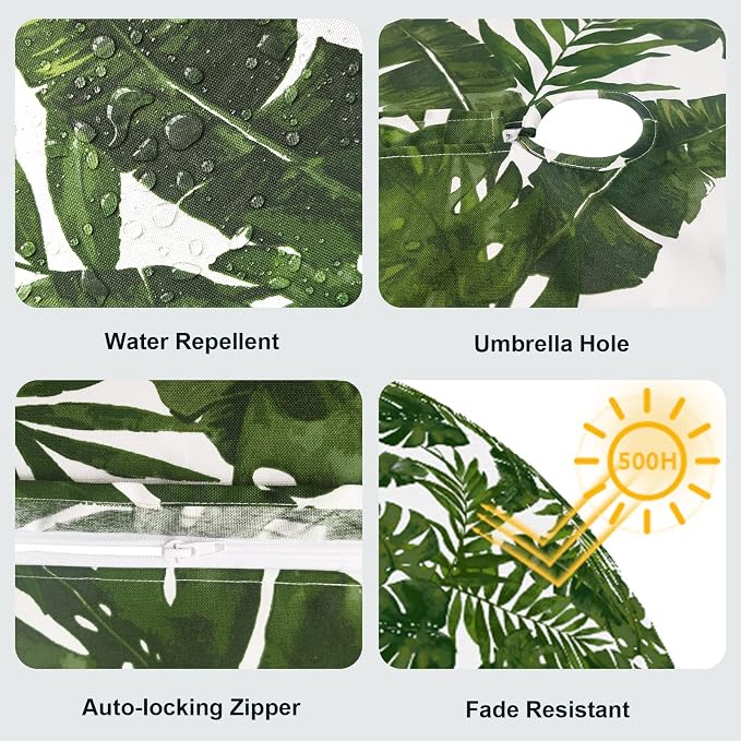 LVTXIII Outdoor Tablecloth with Umbrella Hole and Zipper, 60 Inch Water-Repellent Patio Table Cloth, Round Table Covers for Backyard Garden, Palm Green