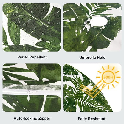 LVTXIII Outdoor Tablecloth with Umbrella Hole and Zipper, 60 Inch Water-Repellent Patio Table Cloth, Round Table Covers for Backyard Garden, Palm Green
