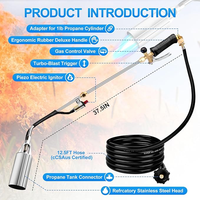 Propane Torch Weed Burner Kit, High Output with Long/Short Mode, Heavy Duty Blow Torch Flamethrower with 12.5FT Hose, Dual Fuel Support for Weed Burning, Melting Ice and Snow, Roofing and BBQ