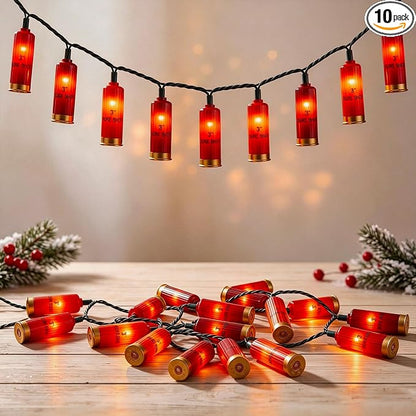 8.5Ft Shotgun Shell String Light Outdoor, 10 LED Red Bullet Decor Lights | Shatterproof & Waterproof, End-to-end Connectable, Hanging Christmas Decor UL listed for Home Wedding Party, 2700K Warm White