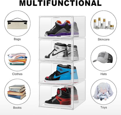 12 Pack Clear Shoe Boxes Plastic Stackable ‌Shoe Cabinet‌ with Acrylic Magnetic Lids Drop Side Sneaker Display Case for Closet, Entryway, Fits Men's or Women's Shoes up to Size 12.5