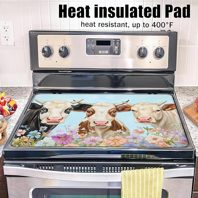 Farmhouse Cow Glass Top Stove Cover Protector,Watercolor Flower Heat Resistant Stove Top Cover, Large Size Range Covers for Electric Stove Countertop Mat, 28 x 20 Inch