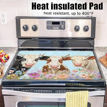 Farmhouse Cow Glass Top Stove Cover Protector,Watercolor Flower Heat Resistant Stove Top Cover, Large Size Range Covers for Electric Stove Countertop Mat, 28 x 20 Inch