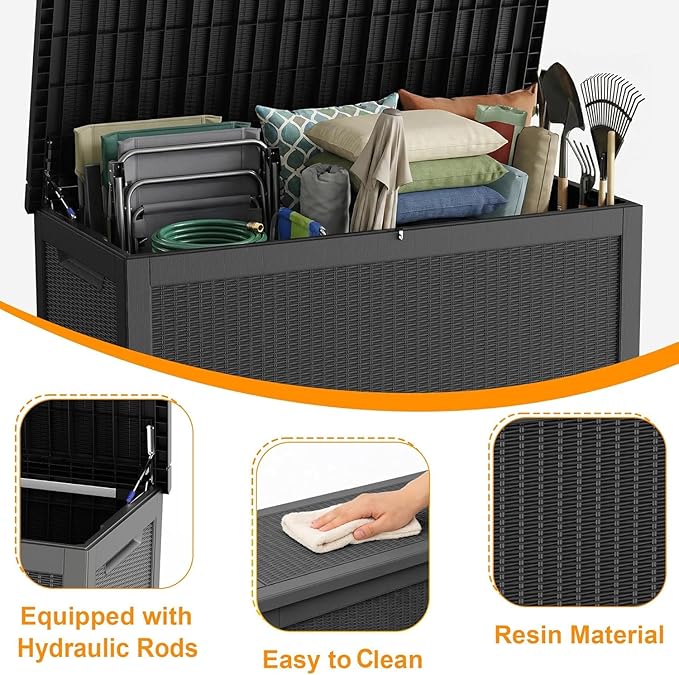 ROJIK 320 Gallon Deck Box Outdoor Waterproof,Weatherproof Outdoor Storage Boxes Lockable with Lid,Outside Resin Storage Bench for Patio Cushions,Garden Tools and Pool Accessories(Black)