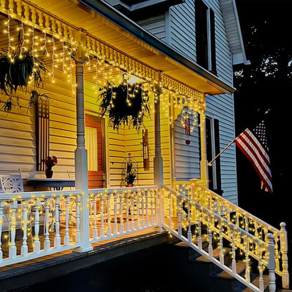 QITONG Warm White Icicle Lights for Outside, 66ft 800 LED String Lights Indoor with 8 Modes, Clear Wire Connectable Icicle Christmas Light Plug in