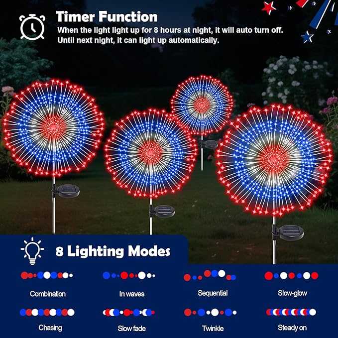 4th of July Decorations Solar Fireworks Lights, 4 Pack 180LED Red White Blue Lights with 8 Modes, Waterproof Solar Garden Light Outdoor for Memorial Day, Fourth of July, Patriotic Decorations