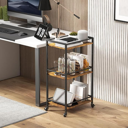 Lifewit Mini 3 Tier Rolling Bar Cart with Lockable Wheels, Rustic Brown | Drink serving liquor utility cart for dining living room, compact size 17 x 11.8 x 32.1 inch, mobile wine storage trolley