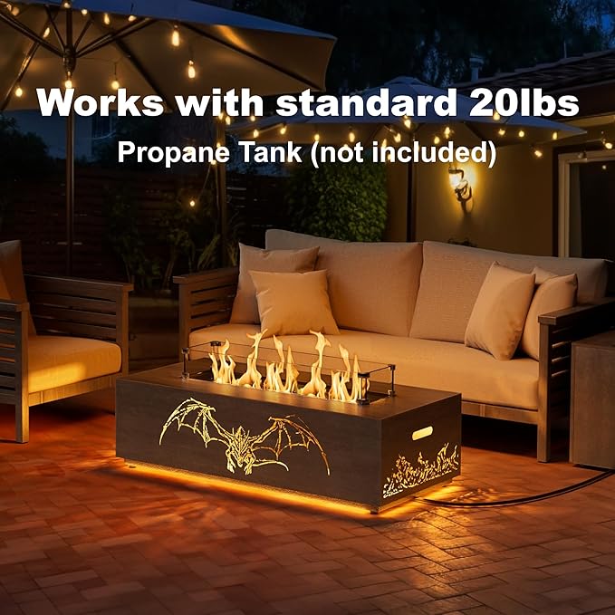 SUNPEAK 42" Propane Fire Pit table with LED Light - 50,000 BTU with Wind Guard, Lid, Rocks and Cover - Gas Fire Pits for Outside Patio - Fire Pit Tables for Outside Patio (Grey/Dragon Cutout, 42" LED)