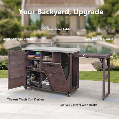 JIVOIT 78.3" Outdoor Kitchen Island with Foldable Table, Wooden Outdoor Grill Cart with Trash Can Storage & Stainless Steel Top, Adjustable Shelf, Spice Rack, Modular Towel, Paper Rack