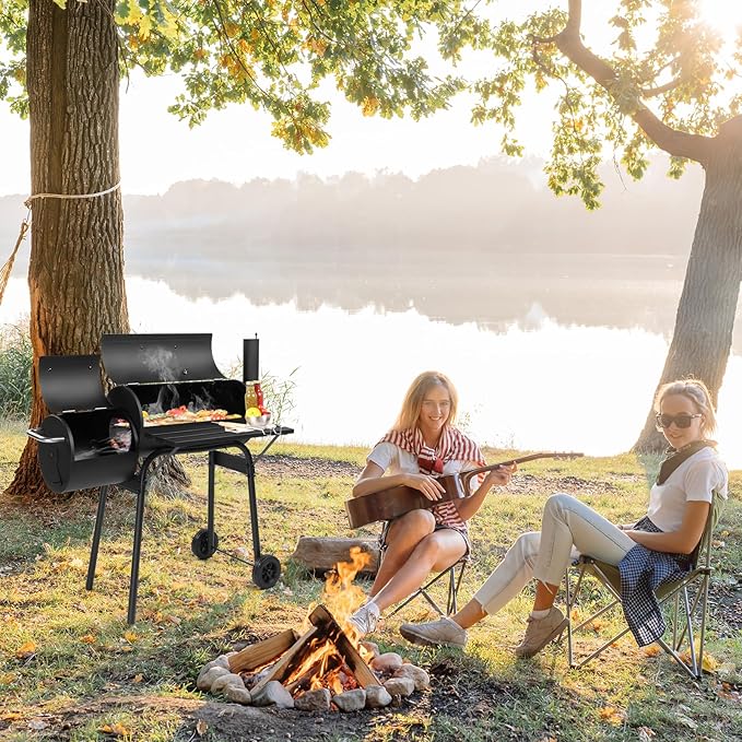 Barrel Charcoal Grill with Offset Smoker, All Metal Outdoor Smoker with Side Table and Wheels for Outdoor Garden Patio and Backyard Cooking
