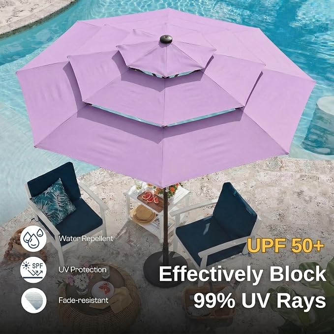 10ft 3 Tier Patio Umbrella, Outdoor Market Table Umbrella with UPF 50+ Vented Canopy, 8 Sturdy Ribs, Easy Push Button Tilt and Crank, Windproof for Deck, Pool, Backyard and Garden