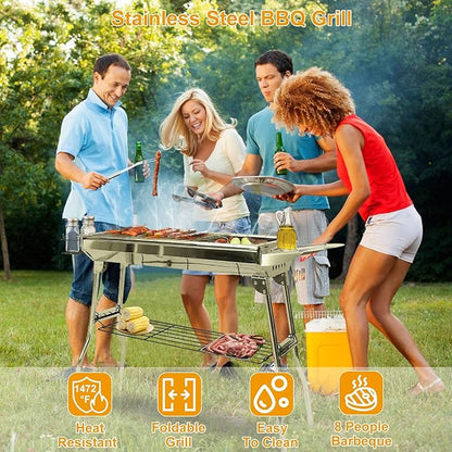 TeqHome Portable Charcoal Grill, Upgraded Folding Large Barbecue Charcoal Grill W/Board Shelf & Flavoring Storage Basket, Stainless Steel Frame, for 8 People Picnic Garden Terrace Camping Travel Use
