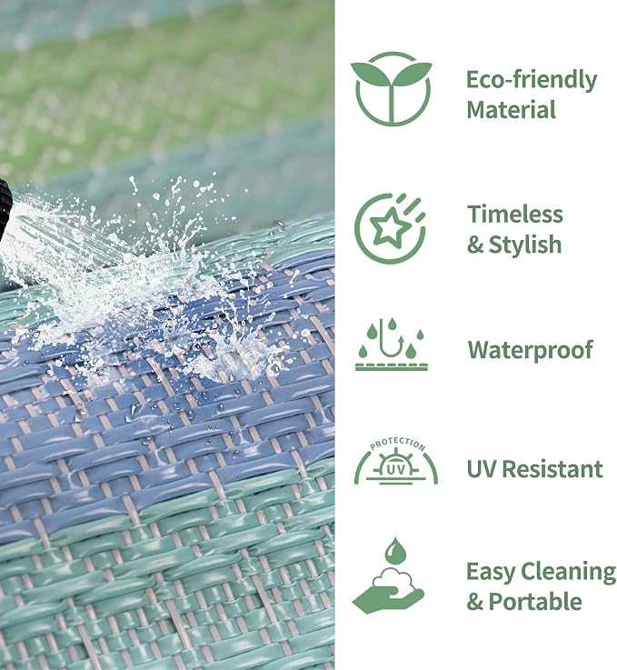 GENIMO Outdoor Rug, Waterproof Plastic Rugs for Patio, 6'x9' Light Blue | Outside Larger Modern Carpet Mat for Porch Decor, Deck, Balcony, Camping, RV, Backyard, Picnic, Beach, Reversible, Foldable